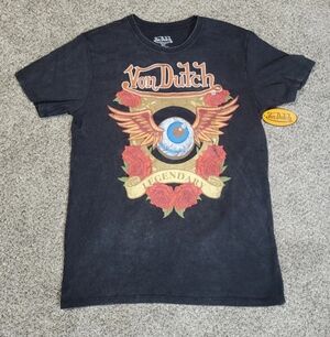 Von Dutch Mens Medium Distressed Black Tshirt Eyeball Flower Roses Wings Y2K